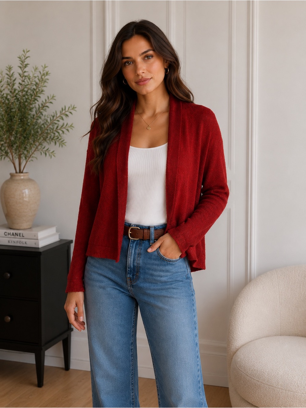 Sz L Eileen Fisher NWOT $248 MSRP 100% Wool Red Cardigan